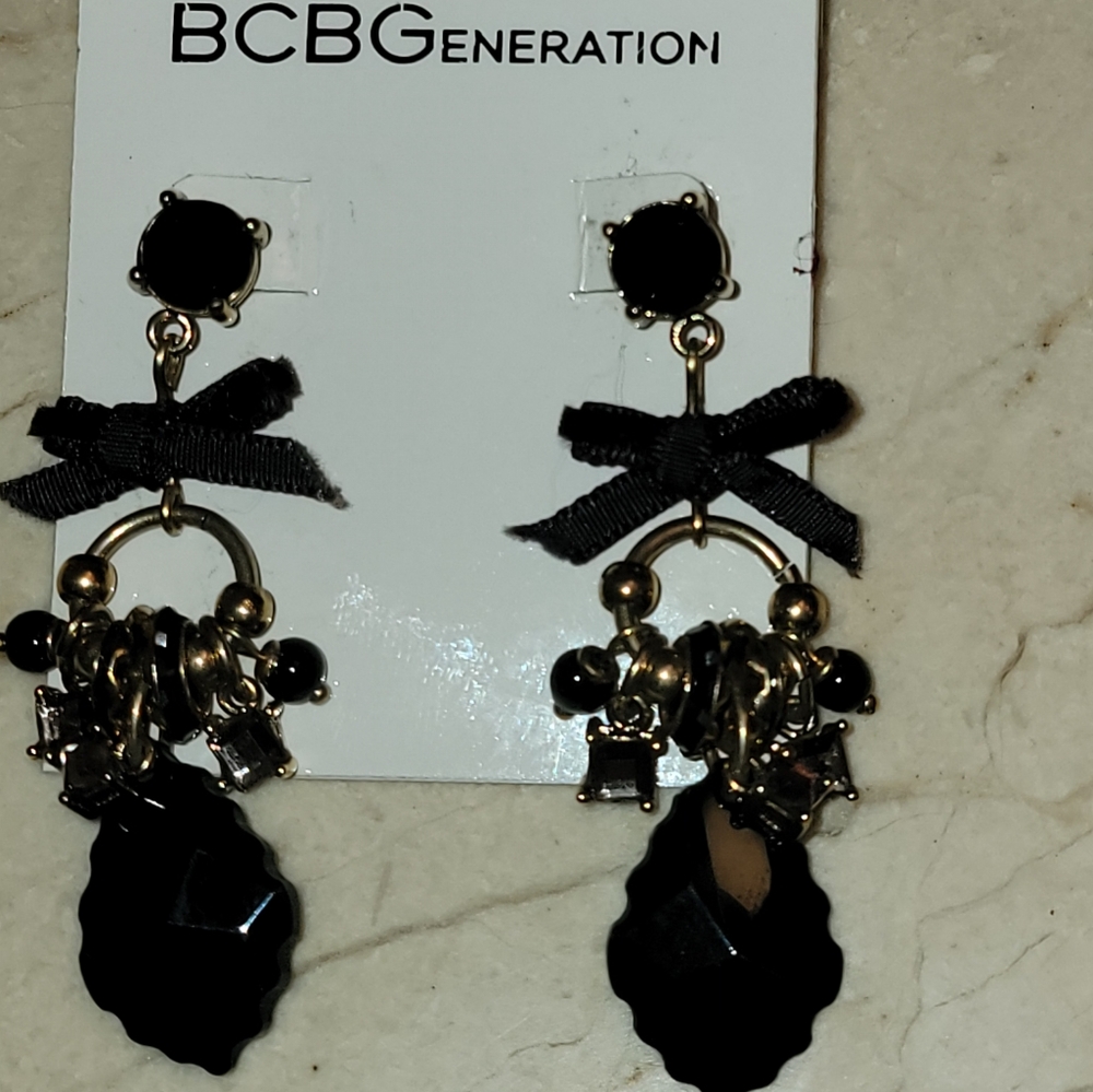 BCBGeneration Jet Black and Gold with cute little Bow Dangle Earrings